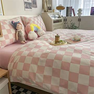 Wellboo Pink White Plaid Comforter Sets Full Women Men Bean Pink and White Checkerboard Grid Bedding Comforters Cotton Boys Girls Modern Dusty Pink Checkered Geometric Quilts Luxury Abstract Bed