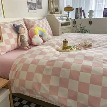 Wellboo Pink White Plaid Comforter Sets Full Women Men Bean Pink and White Checkerboard Grid Bedding Comforters Cotton Boys Girls Modern Dusty Pink Checkered Geometric Quilts Luxury Abstract Bed