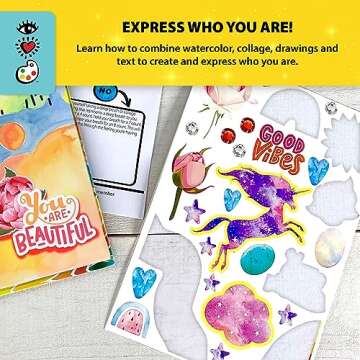 Bright Stripes Kids Journal Kit, DIY Journaling Set, Fun Art Journals with Paints, Markers, Paintbrush, Glue, Punchouts, Paper and 5 Guided Activities, Great Creative Gifts, iHeartArt Collage Visions