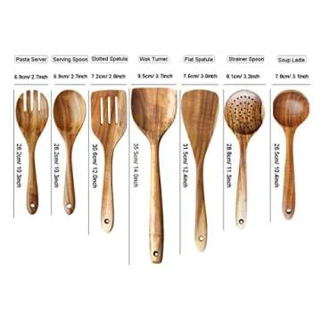 ADLORYEA Wooden Cooking Utensils Set - Natural Teak 7-Piece Nonstick Utensils
