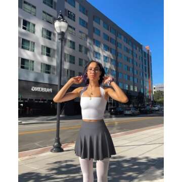 OQQ Women 2 Piece Skirts 2 in 1 Flowy Basic Versatile Stretchy Flared Casual Mini Skirts Black Darkgrey