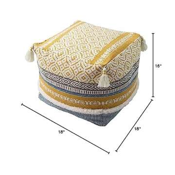 blue page Boho Tufted Decorative Unstuffed Pouf - Farmhouse Casual Ottoman Pouf Cover with Big Tassels, Handwoven Foot Rest/Cushion Cover ONLY for Bedroom Living Room, 18"x18"x16", Yellow