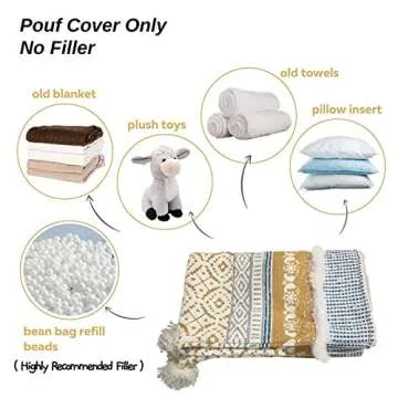 blue page Boho Tufted Decorative Unstuffed Pouf - Farmhouse Casual Ottoman Pouf Cover with Big Tassels, Handwoven Foot Rest/Cushion Cover ONLY for Bedroom Living Room, 18"x18"x16", Yellow