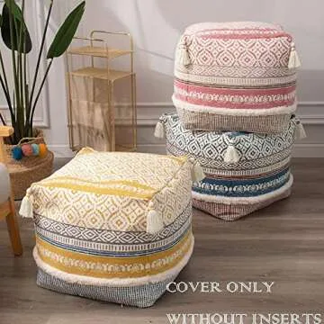 blue page Boho Tufted Decorative Unstuffed Pouf - Farmhouse Casual Ottoman Pouf Cover with Big Tassels, Handwoven Foot Rest/Cushion Cover ONLY for Bedroom Living Room, 18"x18"x16", Yellow