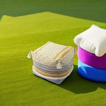 blue page Boho Tufted Decorative Unstuffed Pouf - Farmhouse Casual Ottoman Pouf Cover with Big Tassels, Handwoven Foot Rest/Cushion Cover ONLY for Bedroom Living Room, 18"x18"x16", Yellow