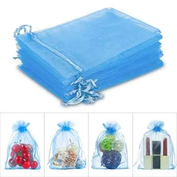 WenTao 100Pcs Premium Sheer Drawstring Organza Bags, 4 x 6 Inch (10x15cm) Pouches Candy Jewelry Party Wedding Favor Gift Bags Blue