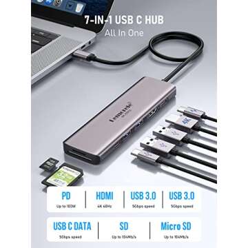 USB C Hub Multiport Adapter - Lemorele 7-in-1 Type-C 4K 60Hz HDMI Dongle Docking Station, 100W PD, SD/TF 3.0 Slots, 2 USB 3.0 & USB C 3.0 5Gbps Data Ports, for MacBook, iPad, Surface, XPS, ChromeBook