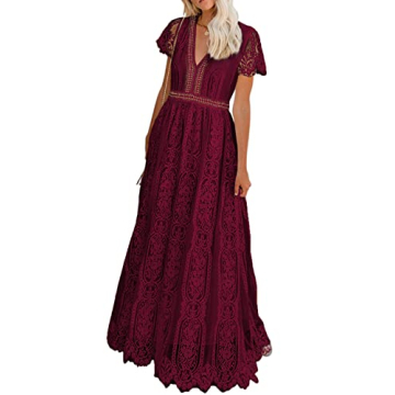 Bdcoco Women's V Neck Floral Lace Wedding Dress Short Sleeve Bridesmaid Evening Party Maxi Dress Win...