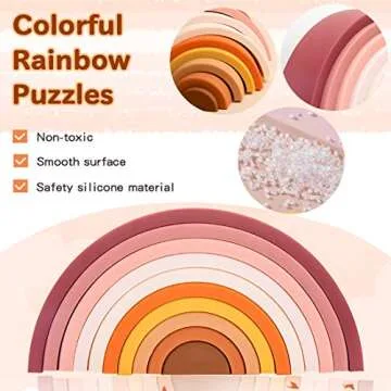 Rainbow Stacking Toy 10 Layer Arch Shape Silicone Nesting Puzzle Blocks Baby Stacking Toy Montessori Toys 3 Year Old Teether Gifts for Toddlers (Colorful Brown)