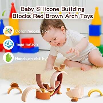 Rainbow Stacking Toy 10 Layer Arch Shape Silicone Nesting Puzzle Blocks Baby Stacking Toy Montessori Toys 3 Year Old Teether Gifts for Toddlers (Colorful Brown)