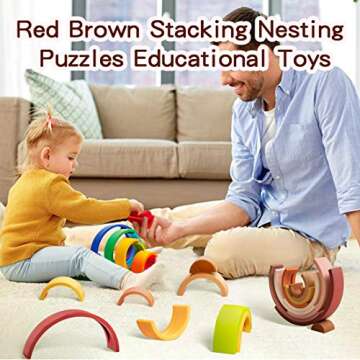 Rainbow Stacking Toy 10 Layer Arch Shape Silicone Nesting Puzzle Blocks Baby Stacking Toy Montessori Toys 3 Year Old Teether Gifts for Toddlers (Colorful Brown)
