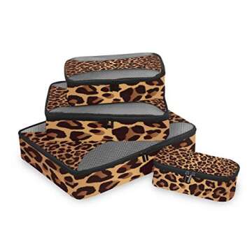 Travel Packing Cubes 4 Set Leopard Animal Skin Print, Carry on Luggage Organizer Bags Mesh, Storage ...