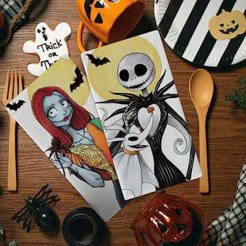 Seliem Halloween Jack Kitchen Dish Towels Set of 2, Spooky Sally Skull Ghost Moon Bat Hand Towels Drying Baking Cooking Cloth, Funny Holiday Party Home Kitchen Decor 18 x 26 Inch