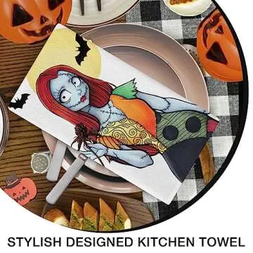Seliem Halloween Jack Kitchen Dish Towels Set of 2, Spooky Sally Skull Ghost Moon Bat Hand Towels Drying Baking Cooking Cloth, Funny Holiday Party Home Kitchen Decor 18 x 26 Inch