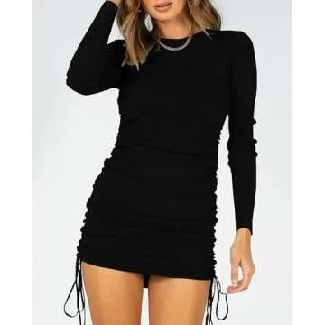 BTFBM Women Ruched Bodycon Drawstring Fall Dress Plain Solid Crew Neck Long Sleeve Casual Stretch Knit Tight Short Dresses(Solid Black, Small)