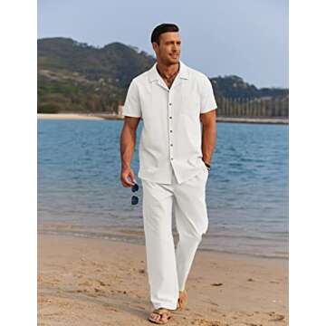 COOFANDY Men 2 Piece Linen Outfit Beach Button Down Shirt Casual Loose Pant Sets