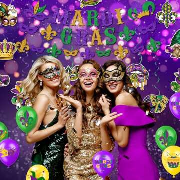 GERMISHUYS Mardi Gras Decorations for Party, Mardi Gras Decorations Include Mardi Gras Banner, Hanging Swirls and Balloons, Mardi Gras Party Decorations Supplies