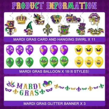 GERMISHUYS Mardi Gras Decorations for Party, Mardi Gras Decorations Include Mardi Gras Banner, Hanging Swirls and Balloons, Mardi Gras Party Decorations Supplies