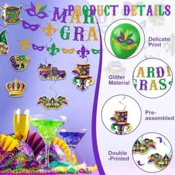 GERMISHUYS Mardi Gras Decorations for Party, Mardi Gras Decorations Include Mardi Gras Banner, Hanging Swirls and Balloons, Mardi Gras Party Decorations Supplies