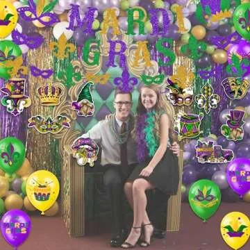 GERMISHUYS Mardi Gras Decorations for Party, Mardi Gras Decorations Include Mardi Gras Banner, Hanging Swirls and Balloons, Mardi Gras Party Decorations Supplies