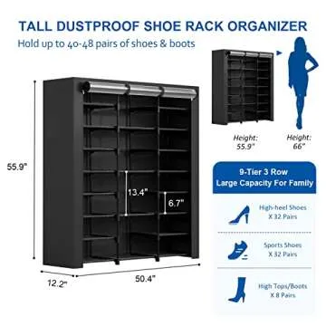 LVNIUS 9-Tier Large Tall Shoe Rack with Covers 40-46 Pairs, Sneaker Rack Organizer Shoes Cabinet Closed Shelves Shoe Stand Holder for Garage Bedroom,Zapateras Organizer for Shoes 50 Pares