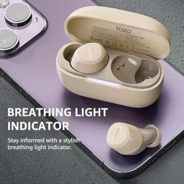 TOZO A1 2024 New Upgraded Wireless Earbuds, Bluetooth 5.3 in Ear Headphones Light Weight, Support APP EQ Setting, Stereo Sound Headset Longer Playback with Charging Case Waterproof, Khaki