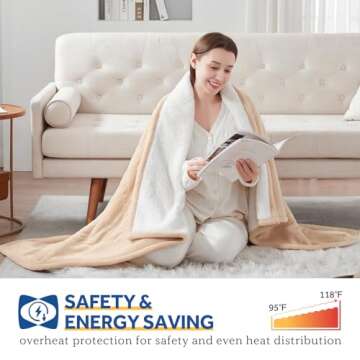 Sealy Heated Blanket Electric Throw, Flannel & Sherpa Heating Throw with 6 Heat Settings & 2-10 Hours Auto Shut Off, Fast Heating & ETL Certification, 50x60 Inch, Beige