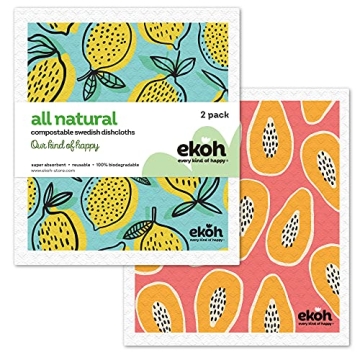 EKOH Eco-Friendly Kitchen Cleaning Cloths | Swedish Dishcloths 2 Pack Lemons & Papaya Prints | Eco S...