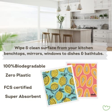EKOH Eco-Friendly Kitchen Cleaning Cloths | Swedish Dishcloths 2 Pack Lemons & Papaya Prints | Eco Sponge Cloths for Cleaning Kitchen | Zero Waste Dish Cloth | Plastic Free Reusable Surface Wipes