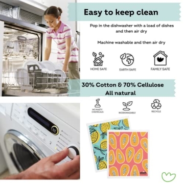 EKOH Eco-Friendly Kitchen Cleaning Cloths | Swedish Dishcloths 2 Pack Lemons & Papaya Prints | Eco Sponge Cloths for Cleaning Kitchen | Zero Waste Dish Cloth | Plastic Free Reusable Surface Wipes