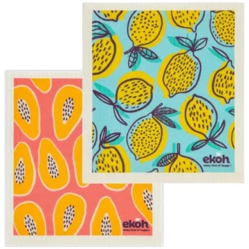 EKOH Eco-Friendly Kitchen Cleaning Cloths | Swedish Dishcloths 2 Pack Lemons & Papaya Prints | Eco Sponge Cloths for Cleaning Kitchen | Zero Waste Dish Cloth | Plastic Free Reusable Surface Wipes