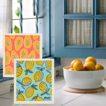 EKOH Eco-Friendly Kitchen Cleaning Cloths | Swedish Dishcloths 2 Pack Lemons & Papaya Prints | Eco Sponge Cloths for Cleaning Kitchen | Zero Waste Dish Cloth | Plastic Free Reusable Surface Wipes