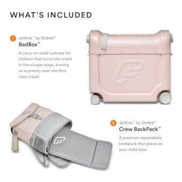 JetKids by Stokke Travel Bundle, Pink - Includes Kid’s Ride-On Suitcase & In-Flight Bed + Crew BackPack - Best for Ages 3-7