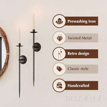 Candle Wall Sconce Set of 2, Large Twisted Wall Mount Metal Black Candle Holder Sconces Decor for Living Room Farmhouse Fireplace Wedding 23.5"