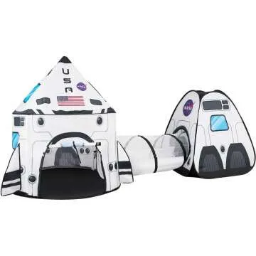 White Rocket Ship Play Tent with Tunnel for Kids