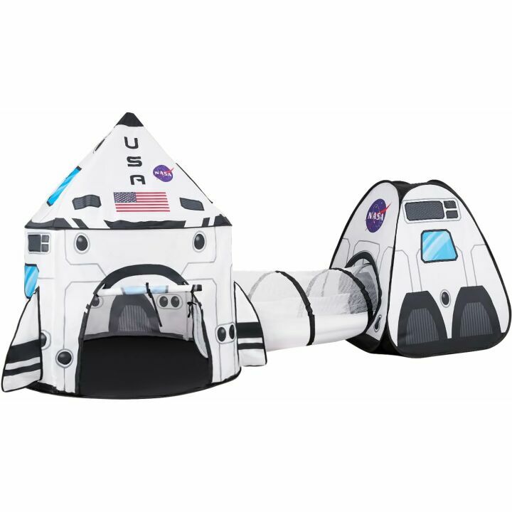 White Rocket Ship Play Tent with Tunnel for Kids