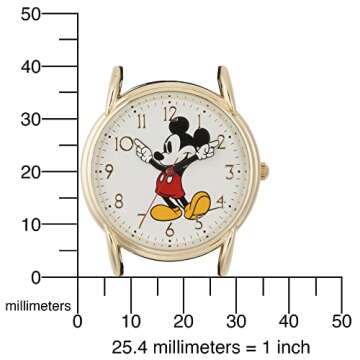 DISNEY Mickey Mouse Adult Classic Cardiff Articulating Hands Analog Quartz Leather Strap Watch, GLD/BRN