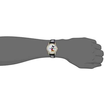 DISNEY Mickey Mouse Adult Classic Cardiff Articulating Hands Analog Quartz Leather Strap Watch, GLD/BRN