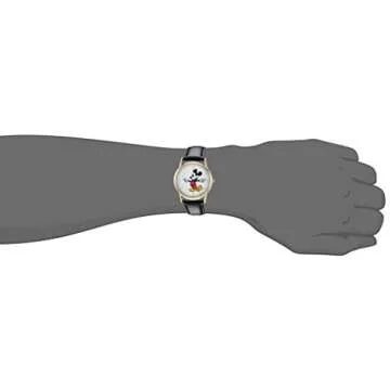 DISNEY Mickey Mouse Adult Classic Cardiff Articulating Hands Analog Quartz Leather Strap Watch, GLD/BRN