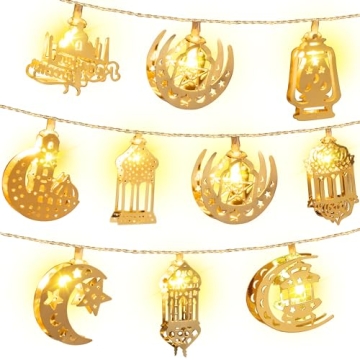 Eid Al Adha Decorations String Lights, Eid Moon Star Kerosene Lantern Lamp, Battery Operated for Ram...