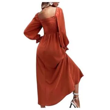Floerns Women's Boho Square Neck Smocked Long Puff Sleeve A Line Maxi Dress