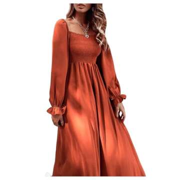 Floerns Women's Boho Square Neck Smocked Long Puff Sleeve A Line Maxi Dress