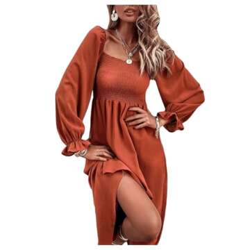 Floerns Women's Boho Square Neck Smocked Long Puff Sleeve A Line Maxi Dress
