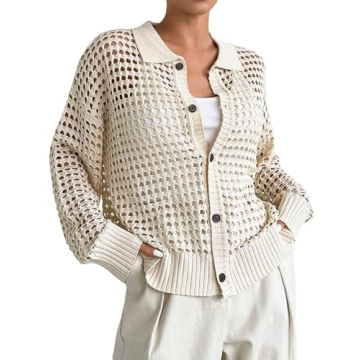 QWINEE Women's Cardigan Sweater Crochet Hollow Out Cardigan Long Sleeve Collar Neck Lightweight Swea...
