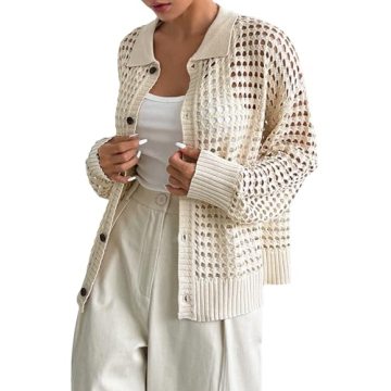 QWINEE Women's Cardigan Sweater Crochet Hollow Out Cardigan Long Sleeve Collar Neck Lightweight Sweater Button Front Knit Top Apricot M