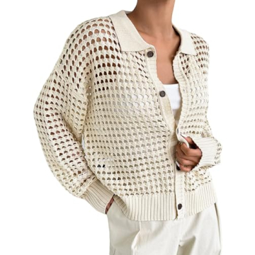 QWINEE Women's Cardigan Sweater Crochet Hollow Out Cardigan Long Sleeve Collar Neck Lightweight Sweater Button Front Knit Top Apricot M