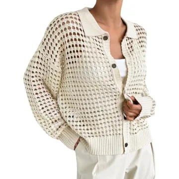 QWINEE Women's Cardigan Sweater Crochet Hollow Out Cardigan Long Sleeve Collar Neck Lightweight Sweater Button Front Knit Top Apricot M