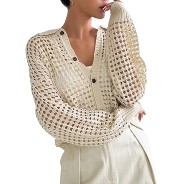 QWINEE Women's Cardigan Sweater Crochet Hollow Out Cardigan Long Sleeve Collar Neck Lightweight Sweater Button Front Knit Top Apricot M