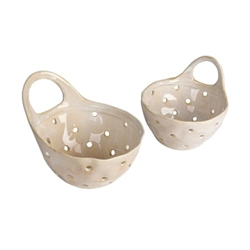 Elegant Set of 2 Cream Stoneware Colanders for Kitchen & Dining