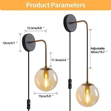 Wall Sconces Set of Two Black and Brass Gold 🔥🔥🔥 Plug in Wall Sconces Set of 2 with Globe A...